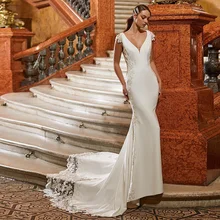 

Simple Mermaid Long Train Wedding Dress For Bride V Neck Cap Sleeves Bridal Gown With Lace Backless Vestido De Novia 2021