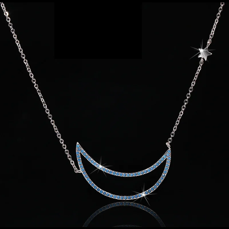 

Bohemian Women's Starry Sky Moon Star Pendant Necklace Blue Cubic Zirconia Exquisite Necklace with Chain Wedding Jewelry