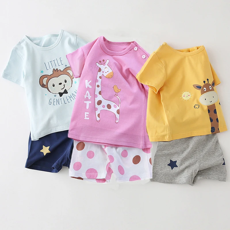 TShirt Cartoon Animals Baby Kids Boy Girl Children Cotton Short Sleeves 2pc/set T-Shirt + Shorts Summer Dinosaur Crocodile Print
