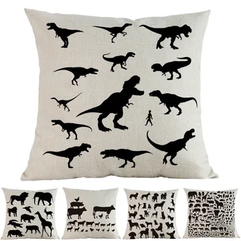 

Black Animals Silhouette Pattern Multiple Farm Wildlife Dinosaur Linen Throw Pillow Case Home Sofa Decorative Cushion Cover