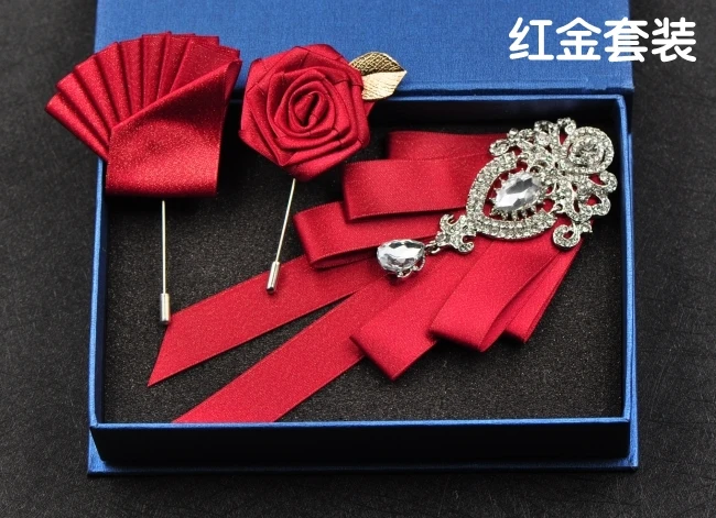 Red gold set Высококачественный Кристалл Стразы Брошь для галстука-бабочки мужской костюм длинный большой жених Жених Свадебный галстук-бабочка воротник цветок Мужские аксессуары - Окраска металла: Red gold set