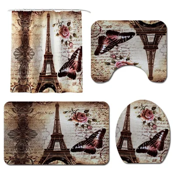 

4pcs Polyester Water Absorption Modern Bath Mat Shower Curtain Set Pedestal Rug 12 Hooks Butterfly Toilet Cover Eiffel Tower