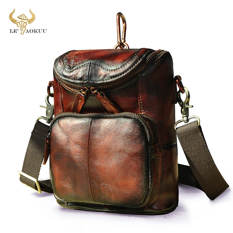 Retro Wine Original Leather Male Multi-function Fanny Waist Pack Belt Messenger Design Satchel Cross-body bag For Men 611-74 | Багаж и