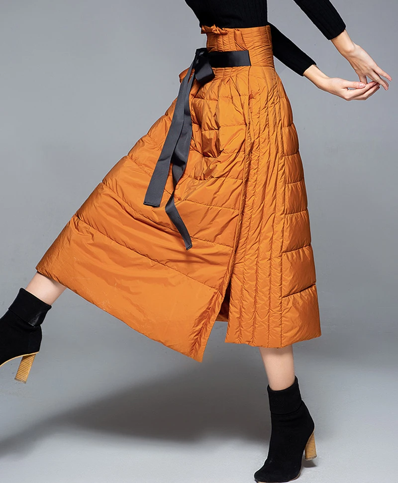 Elifashion, утолщенная пуховая юбка для женщин, Осень-зима, модная длинная юбка для женщин, высокая талия, длинный широкий пояс, теплые женские юбки