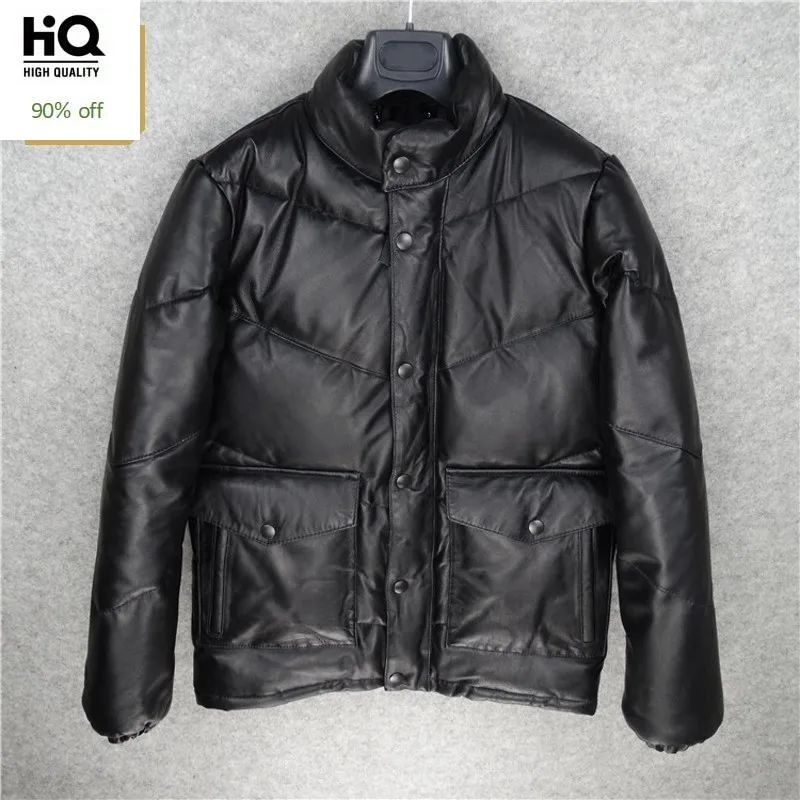 

High Quality Brand Mens Coat Luxury Genuine Leather Down Coats Male Single Breasted Pocket Outerwear Winter Thick Warm Jacket