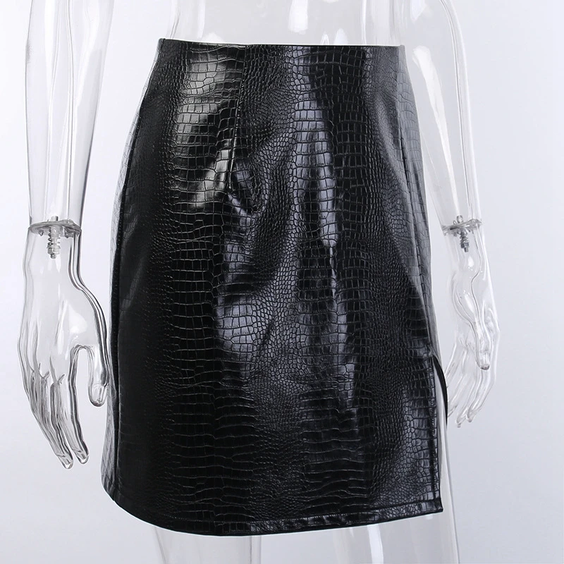 Сексуальная юбка из искусственной кожи с разрезом по бокам, Женская облегающая черная юбка с высокой талией, уличная одежда для вечеринок
