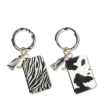 

Fashion Bracelet Keychain Card Bag for Women Zebra Cow Animal Print PU Leather Tassel Pendant Wallet Wristlet Purse for Ladies