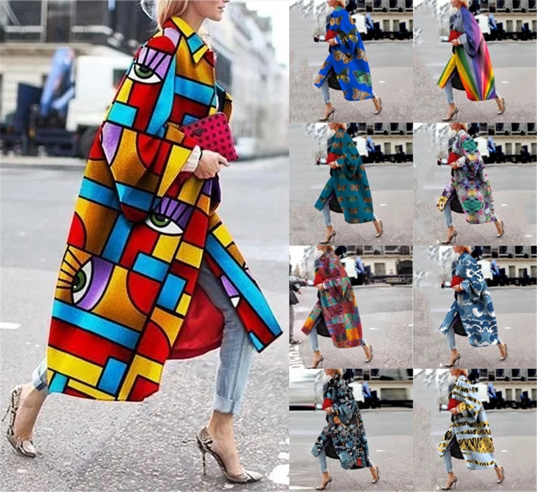 

2020New Winter Geometric Print Pattern Long Straight Winter Coat Casual Ladies Cool Coat Deep Pocket Fashion Coat Trench Coat