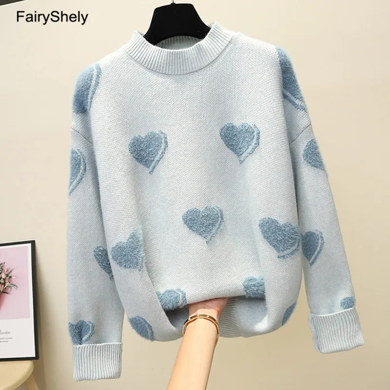 Blue Sweater FairyShely, повседневный кашемировый свитер с сердечками, женский зимний теплый джемпер, Свободный вязаный свитер, пуловер, Топ для женщин - Цвет: Blue Sweater