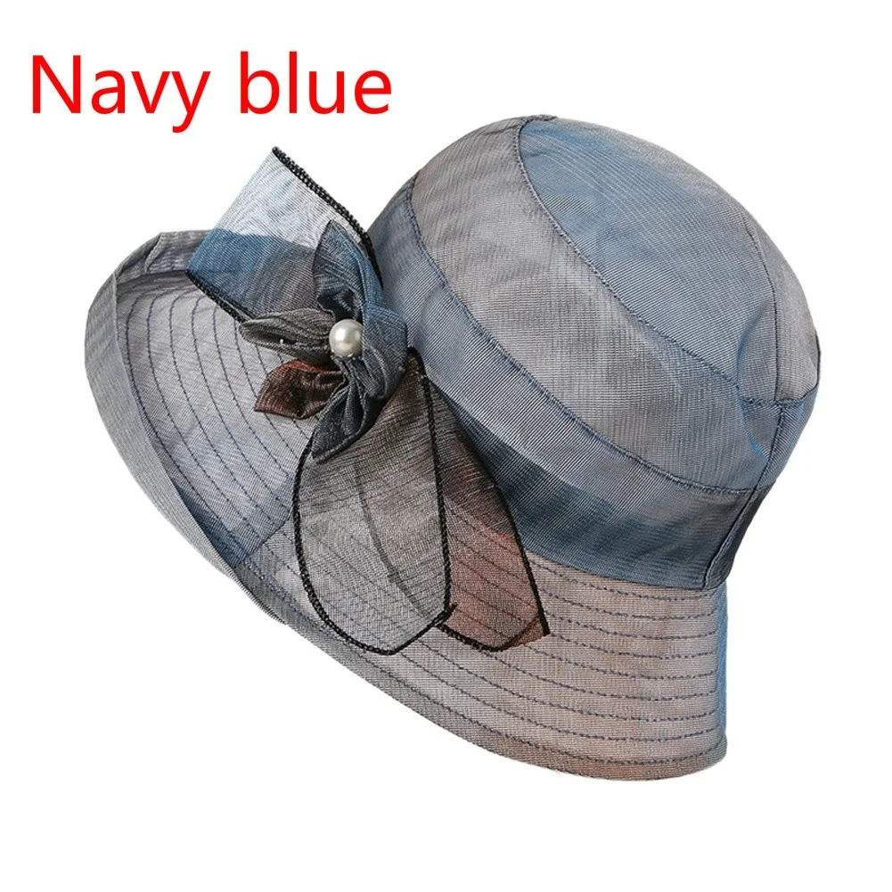 navy blue Летняя женская шляпа с широкими полями, шляпа от солнца, свадебные пляжные шляпы для женщин, женская шляпа с бантом - Цвет: navy blue