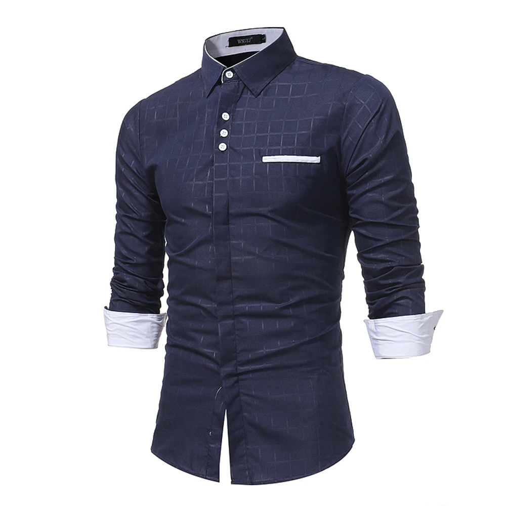 Мужские повседневные рубашки, осень, новые модные однотонные мужские рубашки с длинным рукавом из хлопка, приталенные повседневные деловые рубашки на пуговицах, топы - Цвет: 7033 Navy Blue