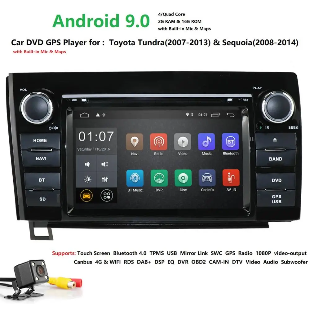 Excellent Android 9.0 Car DVD Player For Toyota Tundra 2007-2013/ Sequoia Stereo GPS DAB+SWC RDS DVR DVBT BT 4GWIFI CAM MAP QuadCore 2GRAM 5