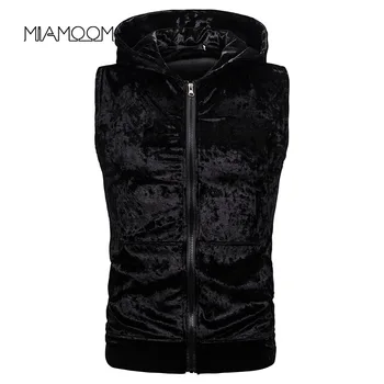 

MIAMOOM Sleeveless Hoodie New Men's Bright Velvet Hooded Zipper Pocket Hoodie Vest Jacket