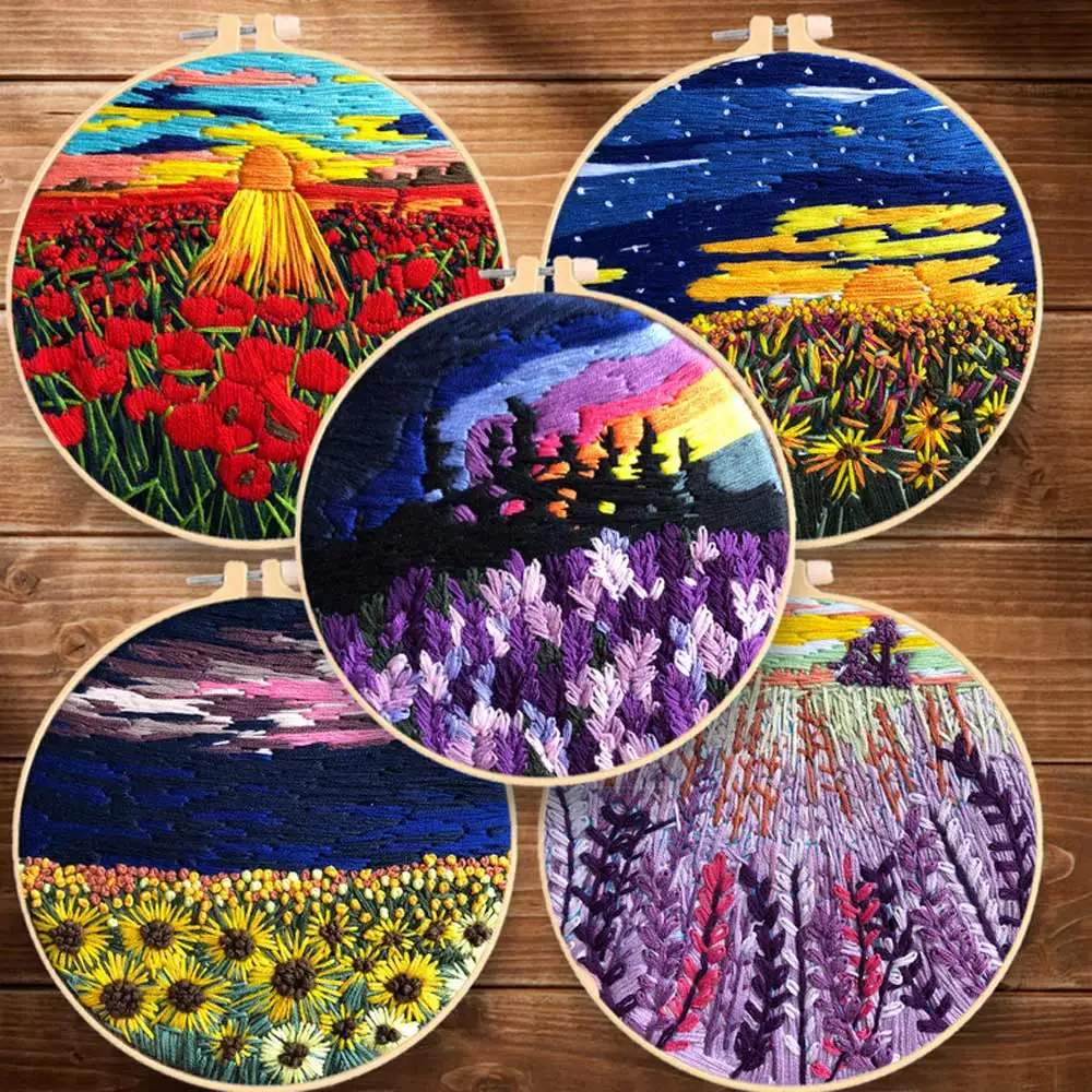 

10 Sets Scenery Flower Embroidery Knitting Kits Needlework Cross Stitch DIY Decor Paintings Beginner Materials Package