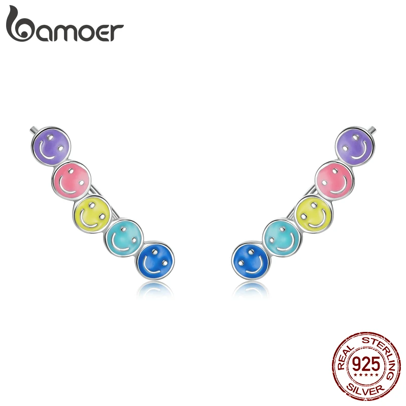 BAMOER Funny & Colorful Smiling Face Stud Earrings 925 Sterling Silver Enamel Stud Earrings for Women Rainbow Trend Jewelry