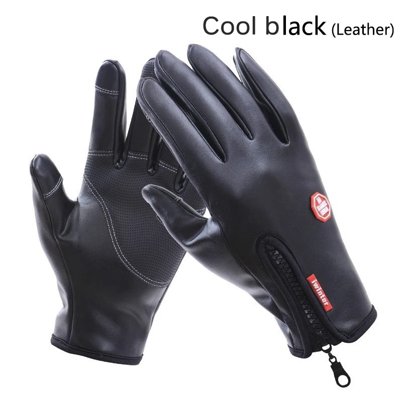 leather-black Зимние теплые лыжные мужские перчатки женские велосипедные перчатки с сенсорным экраном водонепроницаемые брызгозащитные ветрозащитные модные черные женские нескользящие перчатки - Цвет: leather-black