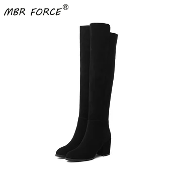 

MBR FORCE the Knee High Quality Cow Suede Leather Boots Winter Ladies Round Toe Sexy Elegant Stretch Fabric Black Ladies Boots