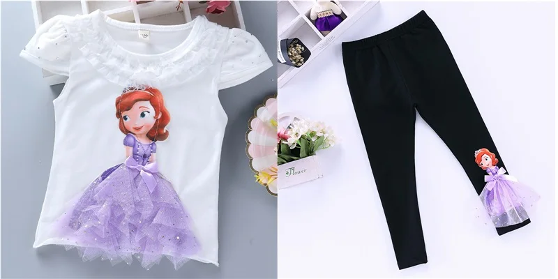 Комплект одежды для девочек; футболка с короткими рукавами и штаны с аппликацией Эльзы и Софии; милый костюм принцессы с 3D вышивкой для маленьких девочек - Цвет: T30156-14