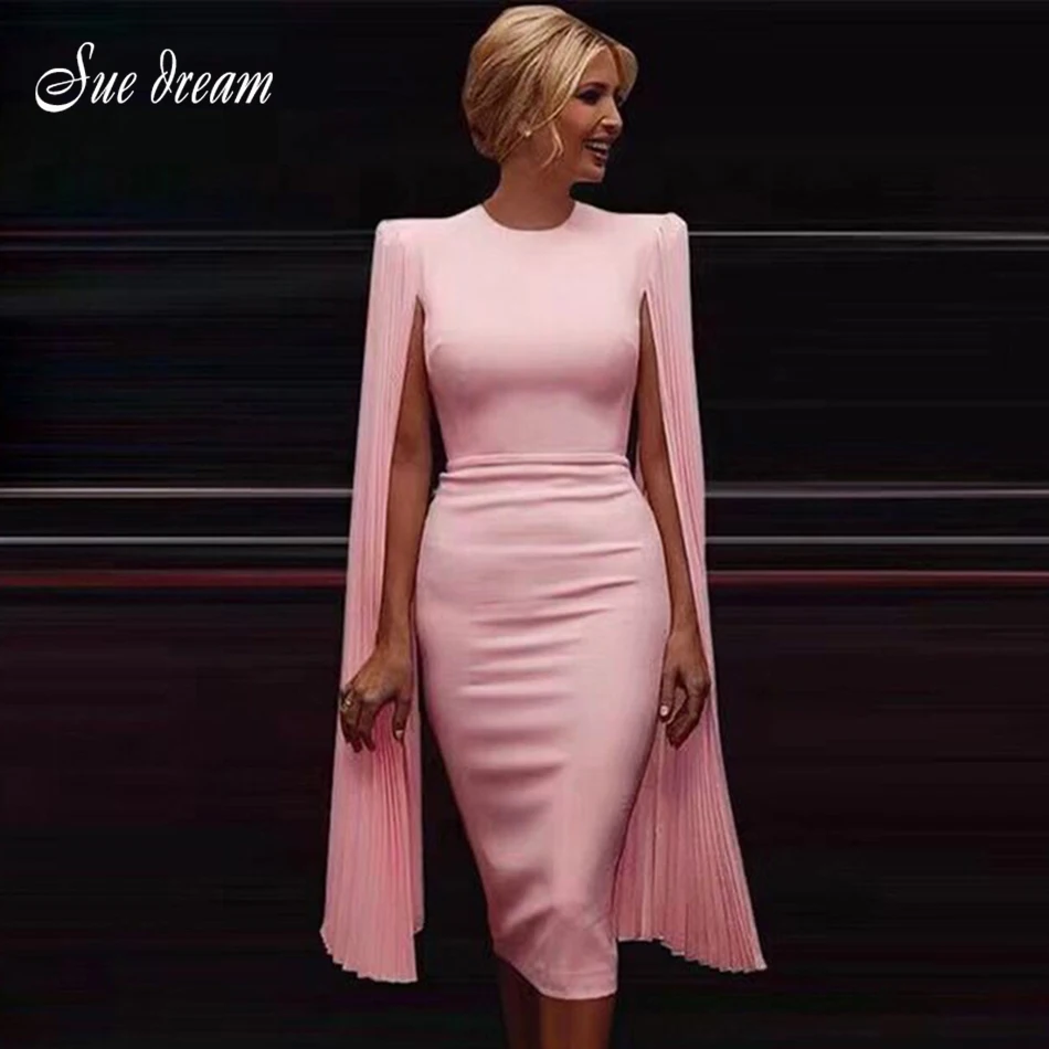 2021 New Women's Elegant Solid Long Pleated Cloak Sleeve O-Neck Bandage Dress Bodycon Club Party Midi | Женская одежда