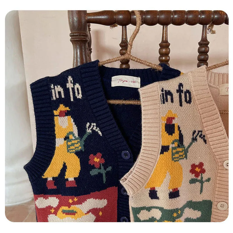 MILANCELAutumn Kids Clothes Cartoon Vest Girls Sleeveless V-Neck Sweater Korean Girl Knitting Clothing