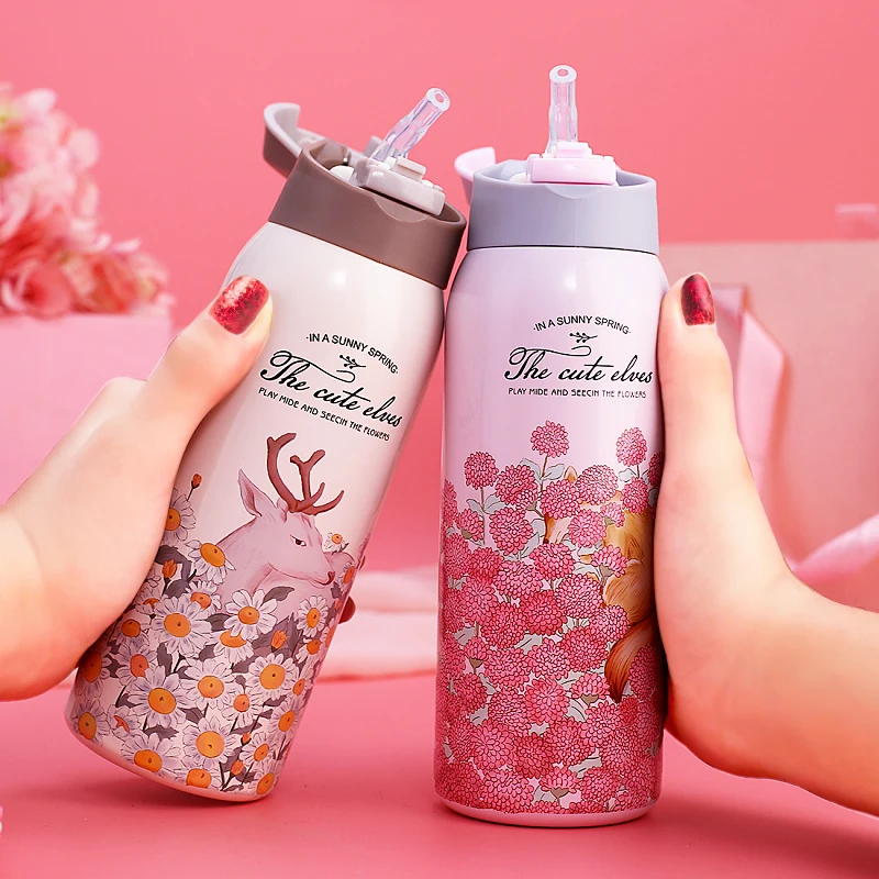 

Portable Stainless Steel Thermos Bottle Flask Thermal Flask with Straw Kids Girl School Insulation Vacuum Thermocup Cup Bottle