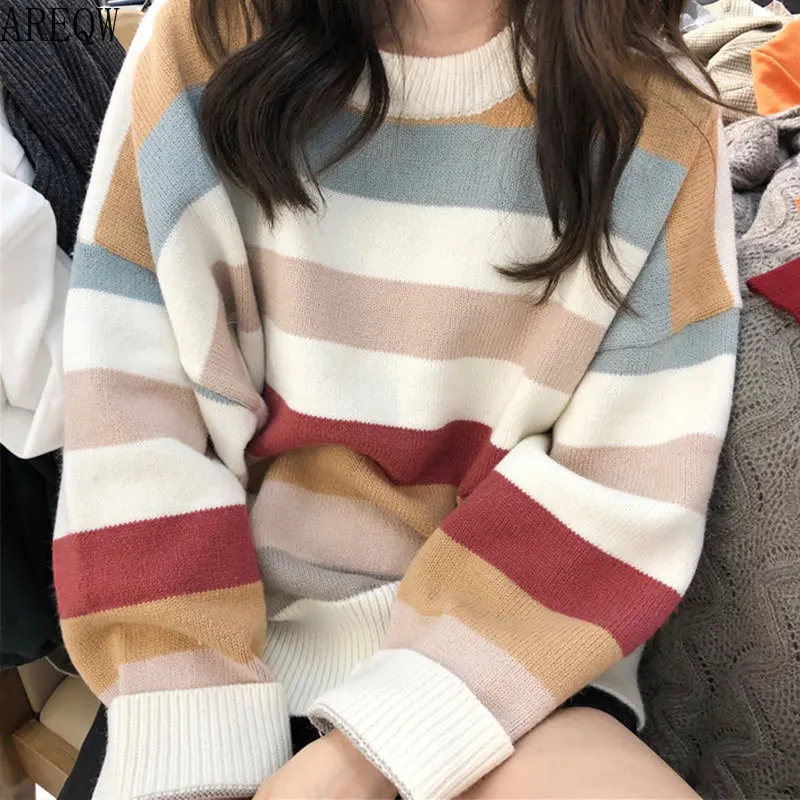 Женские пуловеры в радужную полоску с вырезом лодочкой корейские вязаные