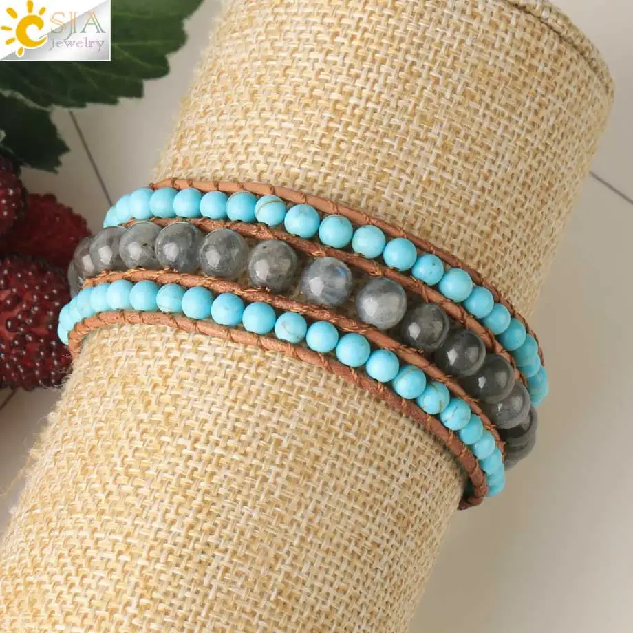 CSJA, кожаные браслеты, Boho, натуральный камень, бисерный браслет для женщин, спектролит, лабрадорит, полудрагоценные бусины, браслет S597