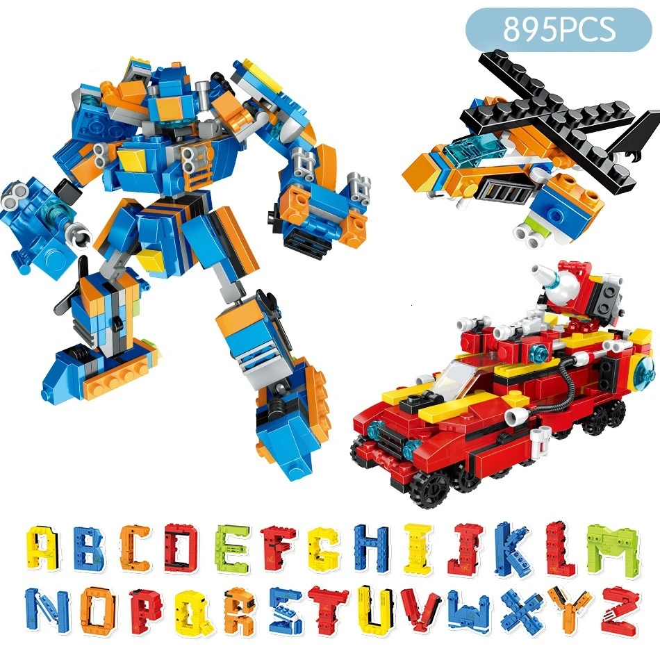 

895pcs English Letters Robot Building Blocks Compatible Legoingly Car Helicopter Bricks Construction Christmas Gift Toys