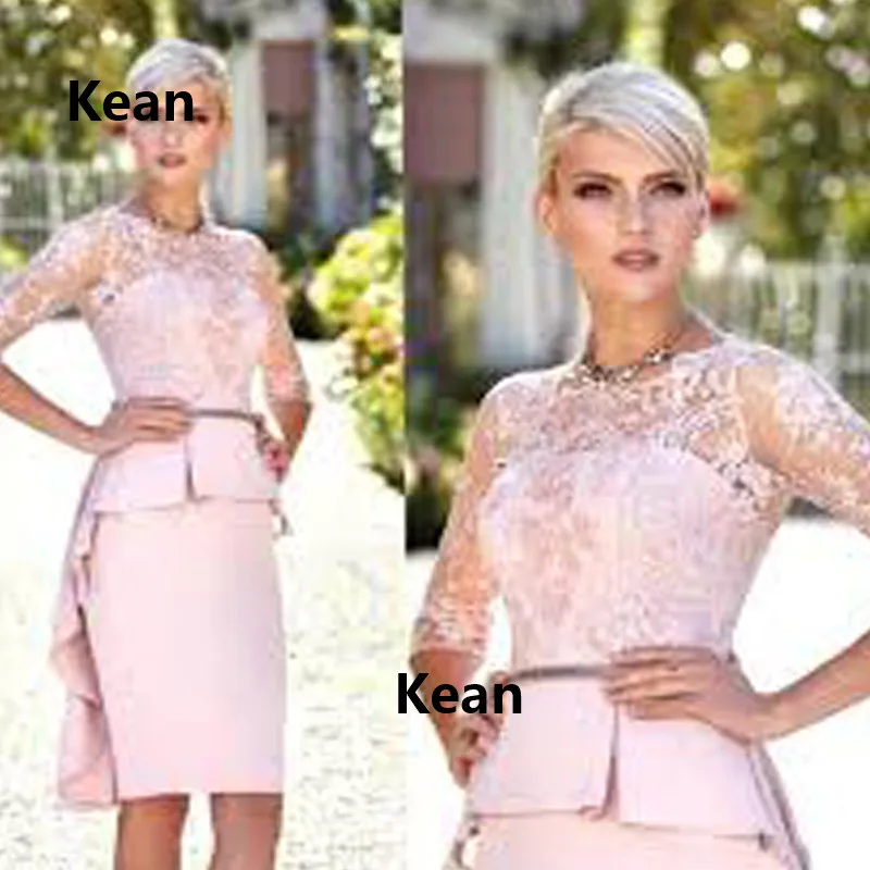 

Pink Cocktail Dresses Satin Sexy Mermaid Half Sleeve Ruffle Illusion Lace Sash Short Party Dress Homecoming Dresses