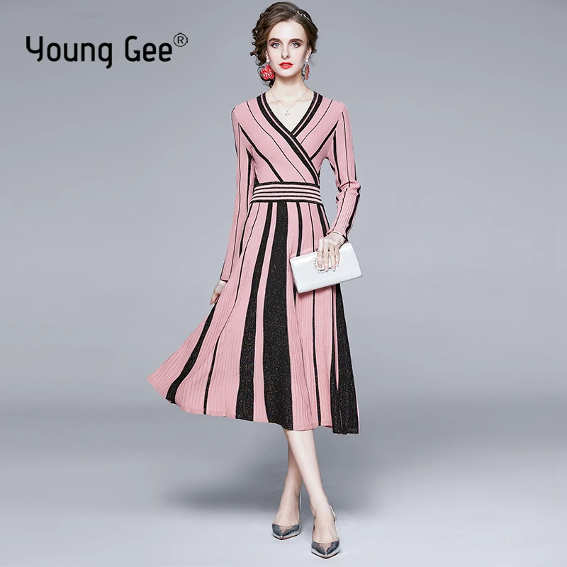 

Young Gee Pink Sweater V-neck Dress Autumn Winter Women Pleated hem striped elegant Female Soft Rib Knitted slim waist Dresses