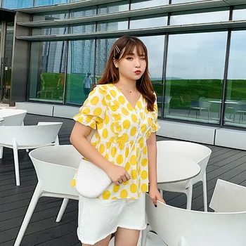 

Blouse Women Plus Size Casual Broadcloth Spliced Polka Dot V-neck Petal Sleeve Womens Tops And Blouses Vadim 4xl