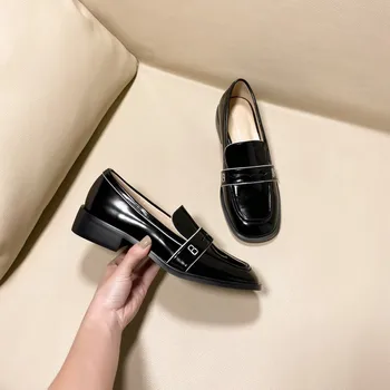 

MLJUESE 2020 women pumps autumn spring soft cow leather slip on black color round toe low heels lady shoes party dress size 40