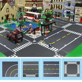 

New City Road Street Baseplate Compatible Block Straight Crossroad Curve T-Junction Building Blocks Parts Base Plate Gift