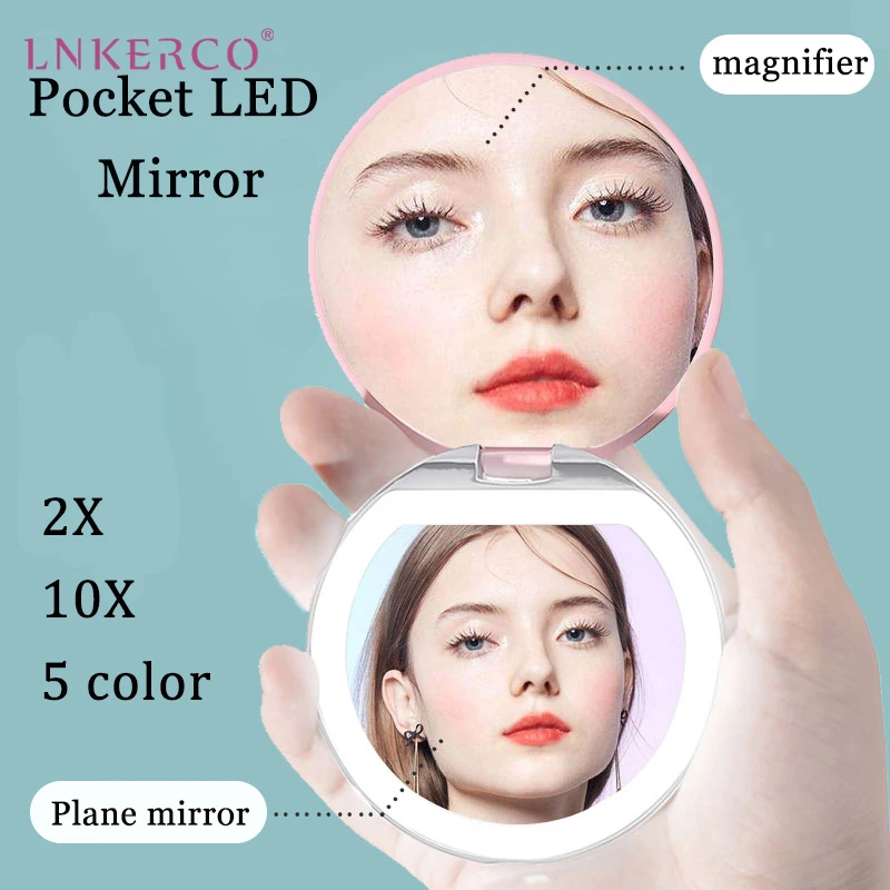 Lnkerco Mini Foldable Round Make up Mirror with Led Light 2X Magnifying