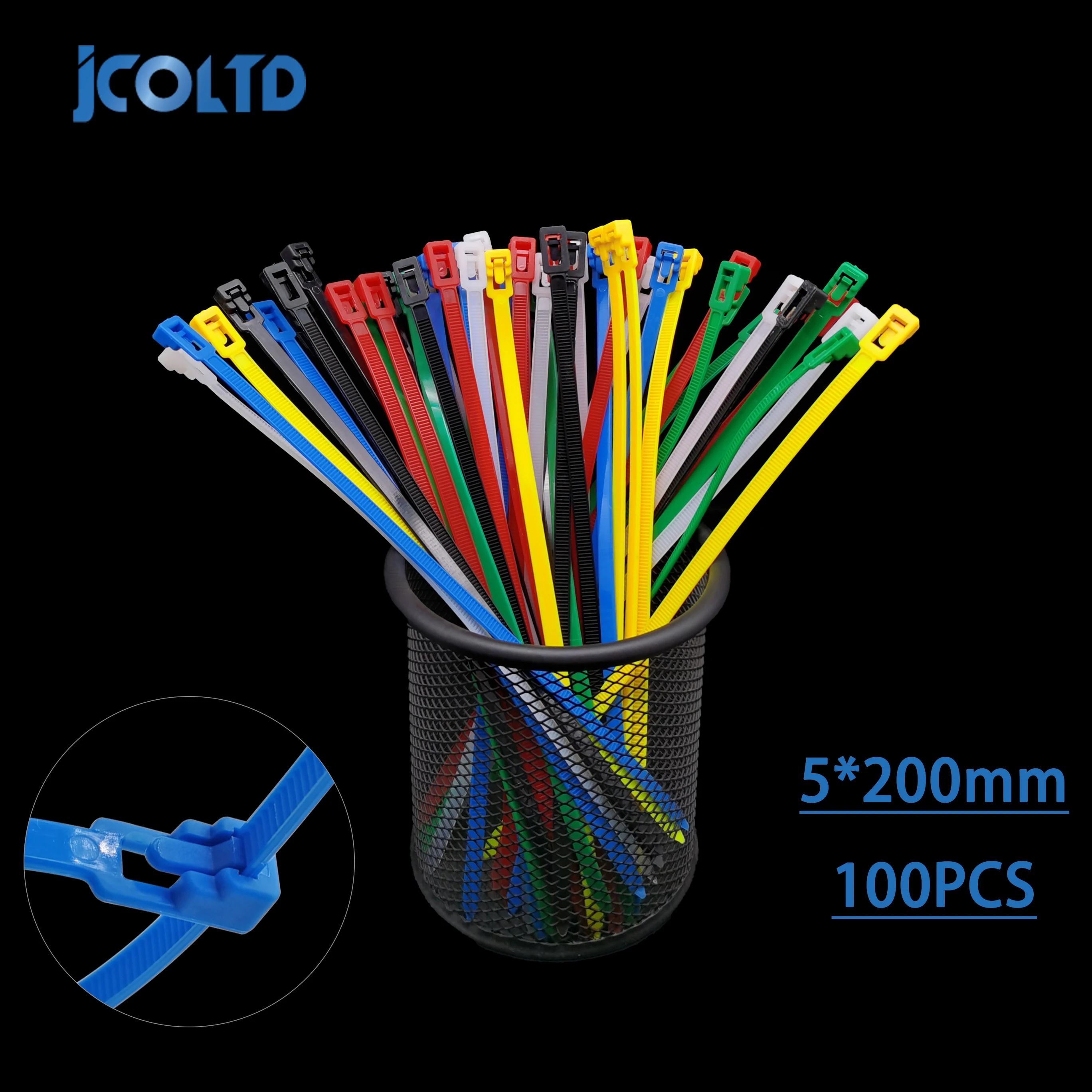 5*200mm Releasable Cable Tie Colored Plastics Reusable Loop Wrap Nylon Zip Ties Bundle Ties