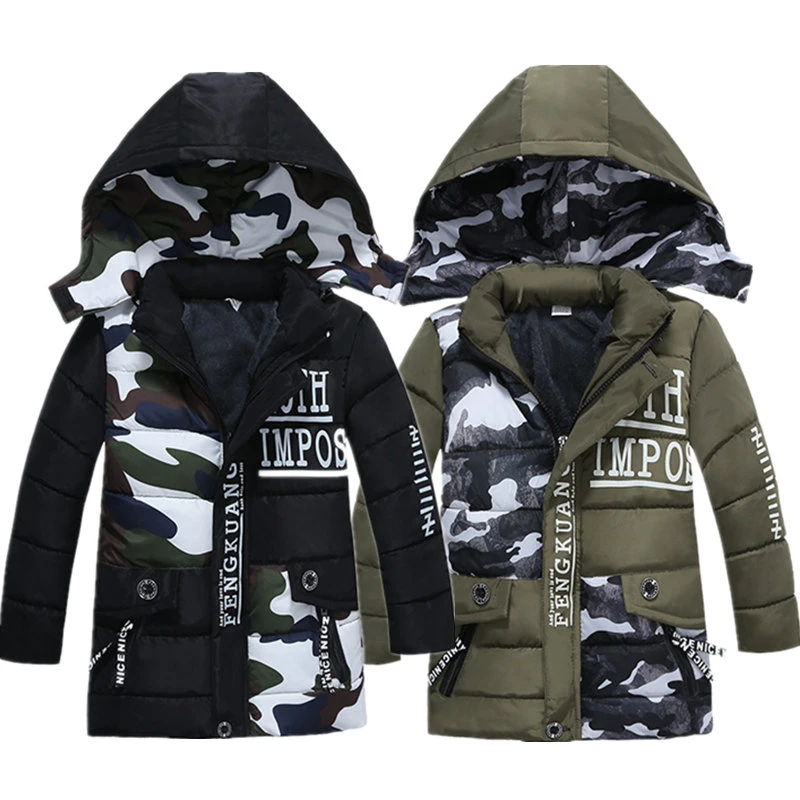 

Children's Winter Hooded Long Section Jackets Duck Down Padded Kids Clothes 2019 Boy Warm Camouflage Down Coat Thicken Outerwear