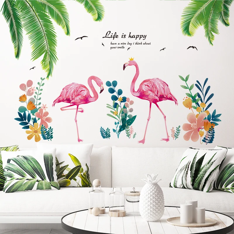 [SHIJUEHEZI] Palm Tree Leaves Wall StickersVinyl DIY Flamingo Animal Mural Decals for Living Room Baby Bedroom Home Decoration | Дом и сад