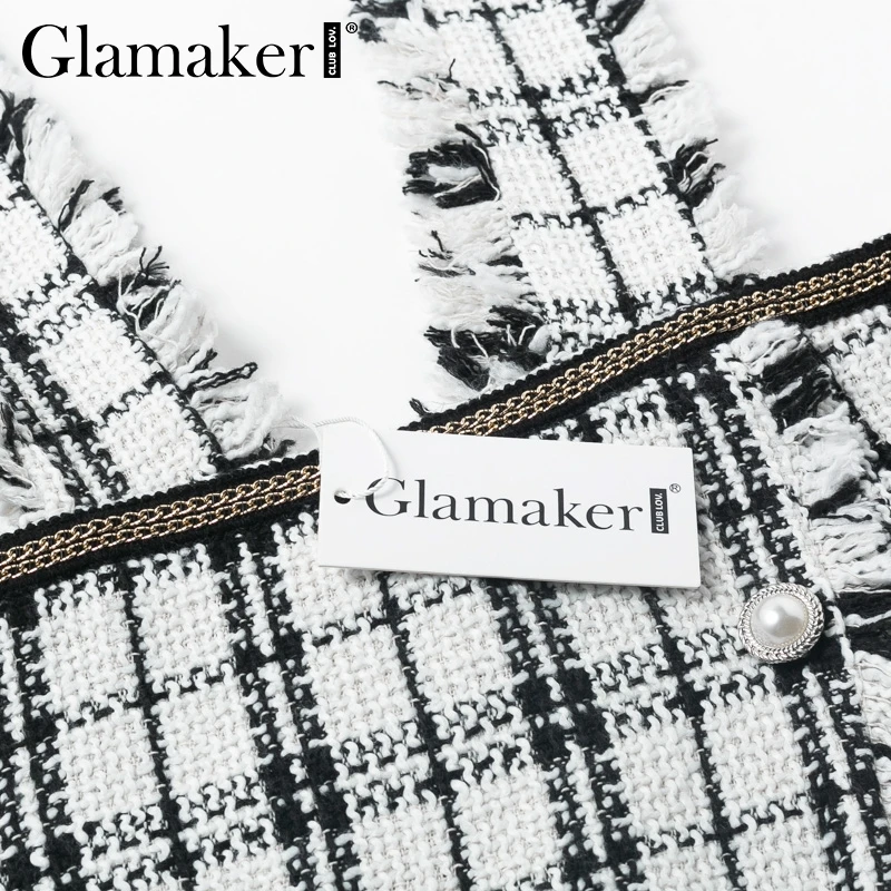 Glamaker, клетчатая юбка с высокой талией, твидовая юбка, юбка-брюки, сексуальные пуговицы, Клубная короткая юбка, Женская мини-юбка трапециевидной формы с бахромой, Женская юбка