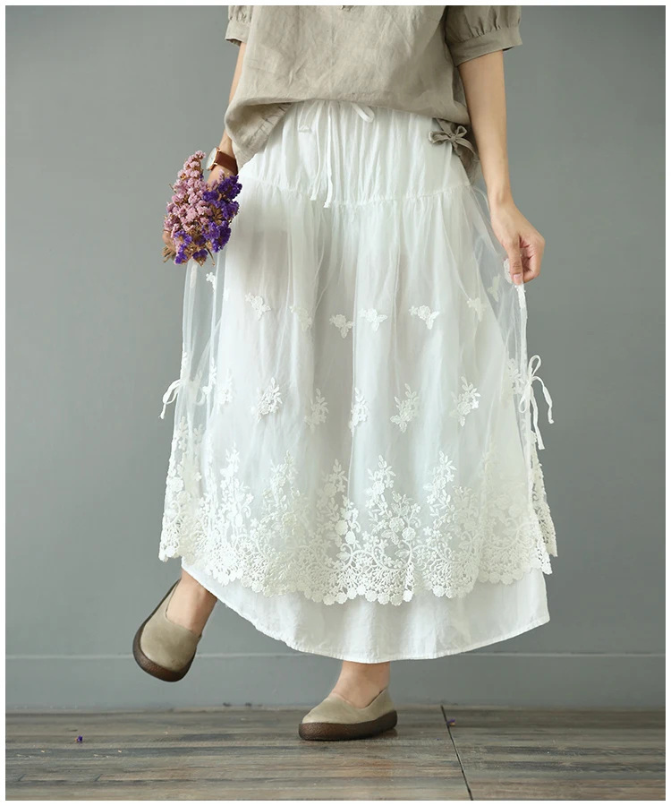 Осенняя юбка женская большого размера свободная юбка в стиле "Ретро" женский эластичный пояс вышивка кружева Длинная Однотонная юбка Мори для девушки