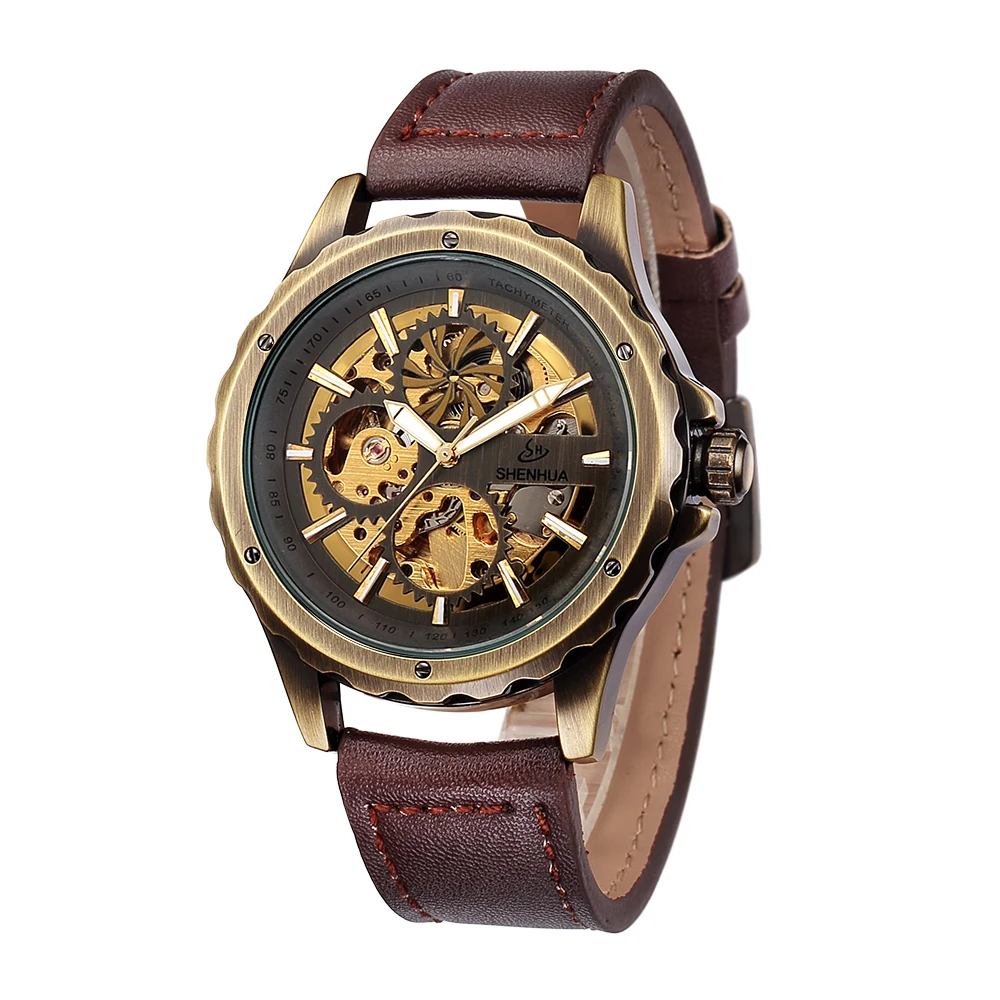 

New SHENHUA Automatic Mechanical Watches Fashion Vintage Watches Men Skeleton Watches Leather Wristwatches zegarek meski uhren