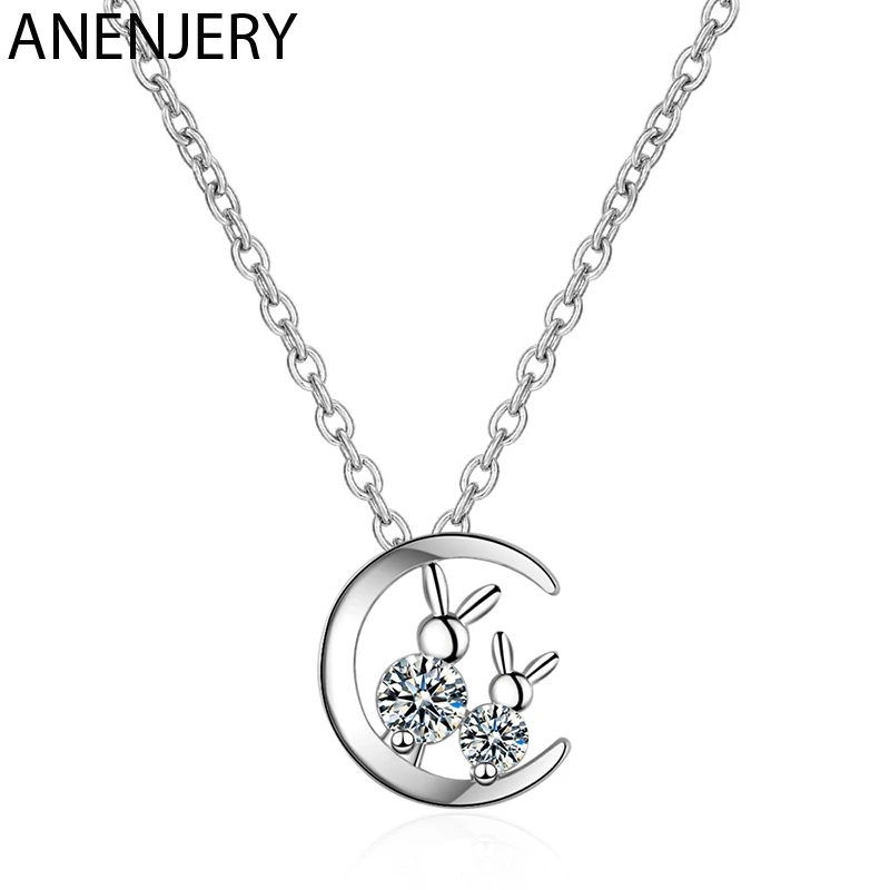 ANENJERY, простое, милое, лунное, кошачье, микро-инкрустированное ожерелье, 925 пробы, серебряное звено, цепочка, ожерелье, домашнее животное, удача, ювелирное изделие для женщин, S-N480