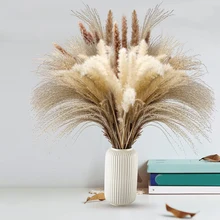 60Pcs 17.72 inch Dried White Pampas Grass&Brown Dried Flower& Natural Dried Reed, Natural Home Decor