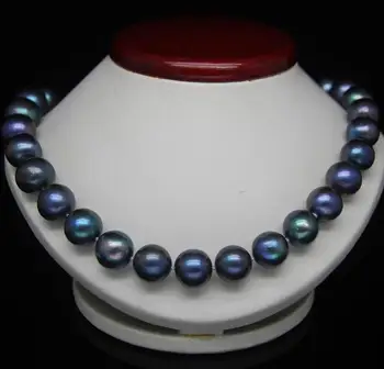 

Free Shipping 18''10-9 MM TAHITIAN BLACK BLUE PEARL NECKLACE 925silver