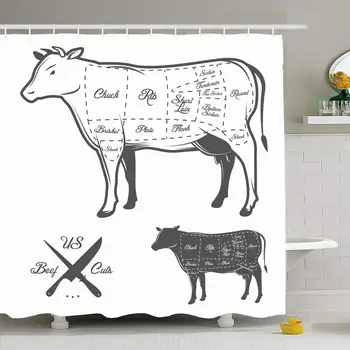 

Shower Curtain Set with Hooks 60x72 Cuts Beef Cow Animals Wildlife Shank Food Graphic Drink Scheme Steak Short Cooking Plate