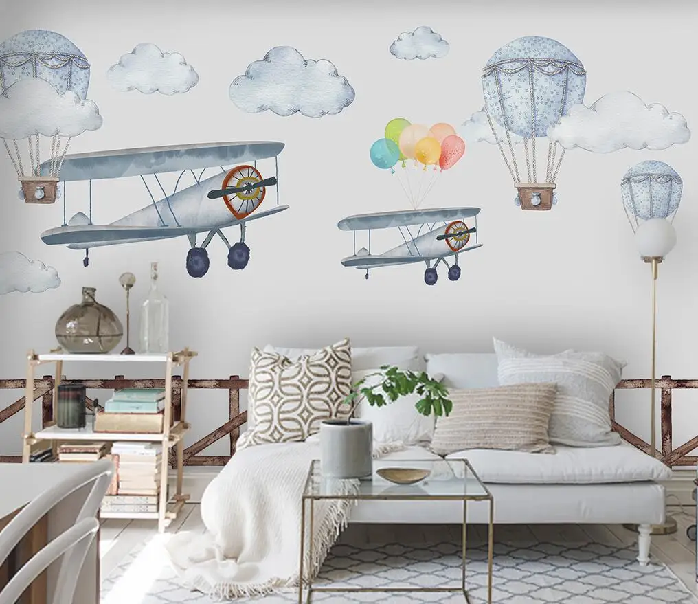 

Customize Photo Seamless wallpaper Hand drawn cartoon airplane balloon children room background wall wall papers home decor