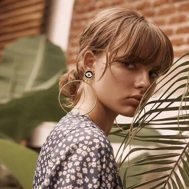 

Flatfoosie Minimalist Black Evil Eye Big Loop Dangle Earring Long Hollow Circle Drop Statement Earring Lady's New Design Jewelry