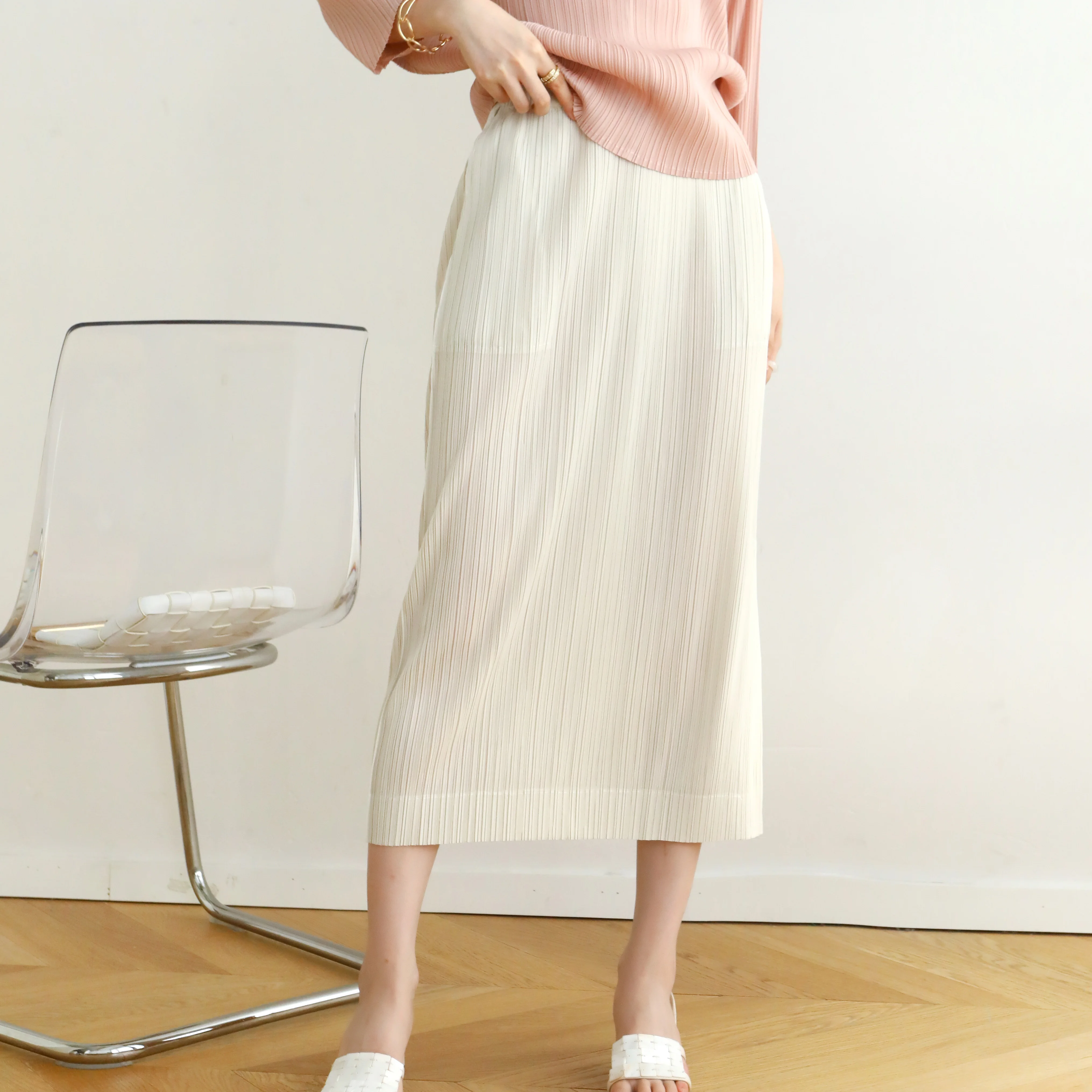 Miyake pleats show thin middle waist age reduction temperament side slit middle long skirt