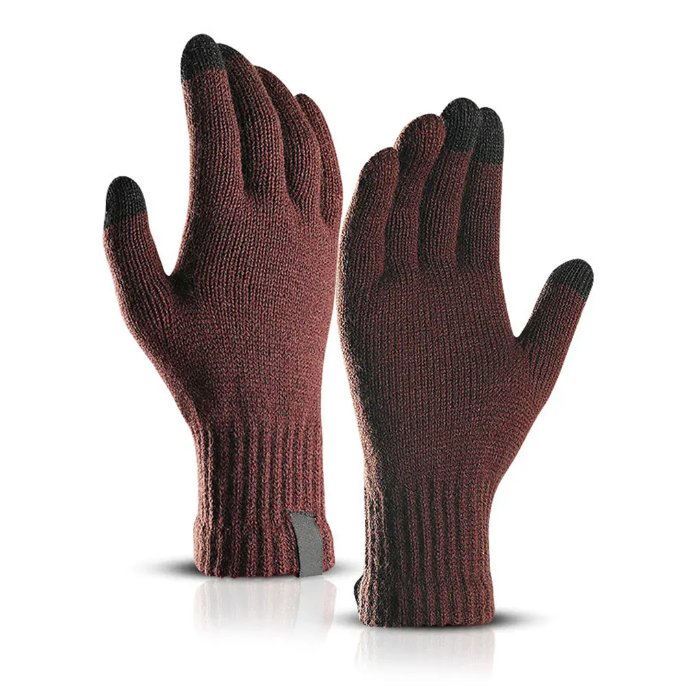 Зимние вязаные шерстяные перчатки для сенсорного экрана, одноцветные теплые шерстяные перчатки, спортивные перчатки на весь палец