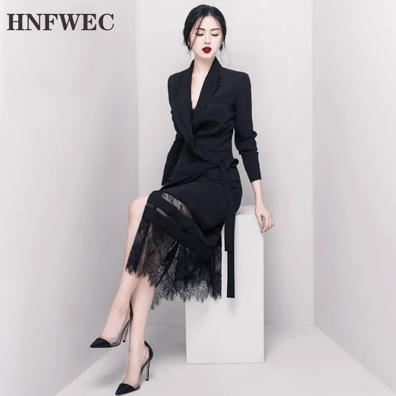 2020 Good Morning! Black Lady Of Quality Ol Commute Temperament False Twinset Lace Long Fund Suit Dress L309 | Женская одежда