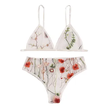 

Sexy Lingerie Women V-Neck Floral Lace Embroidered Sheer Underwear Lingerie Set S-2XL Erotic Briefs Set Seamless Wire Free Bra